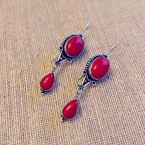 925 Silver Red Coral Dangle Earrings, Boho Vintage Style Jewerly